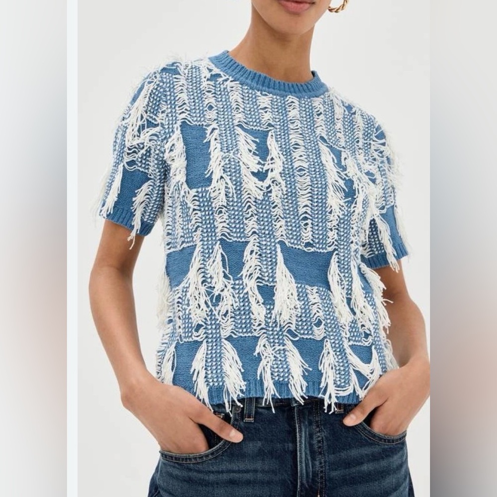 Ulla Johnson Rumi Blue Cream Fringe short sleeve sweater top blouse M $440